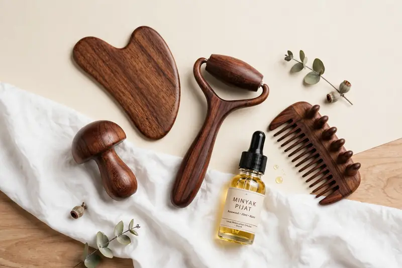 Alat bantu pijat kayu dan gua sha dari bahan rosewood untuk melancarkan sirkulasi