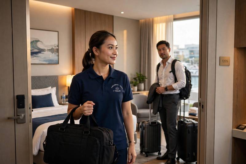 Terapis masuk ke kamar hotel Ancol untuk tamu business trip yang baru landing