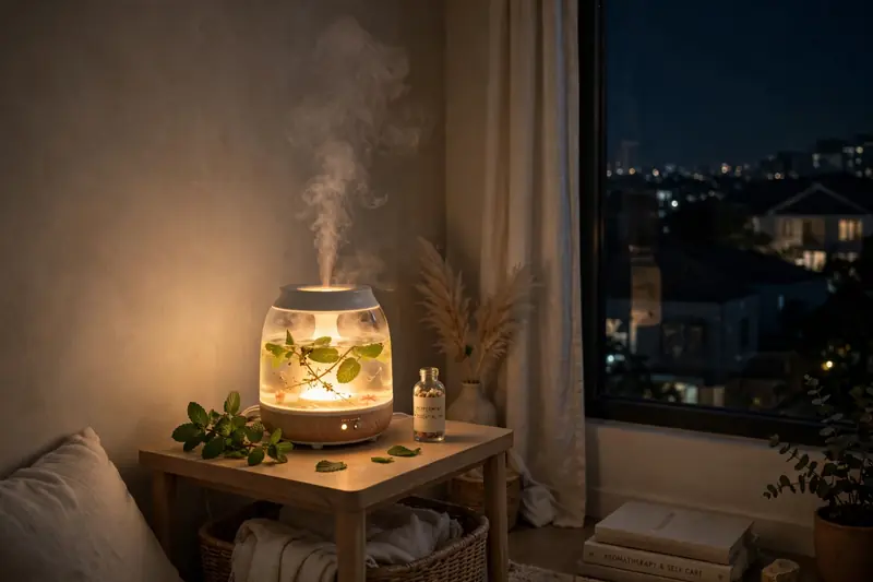 Diffuser uap dengan campuran peppermint yang menyala di sudut ruangan apartemen Cibubur