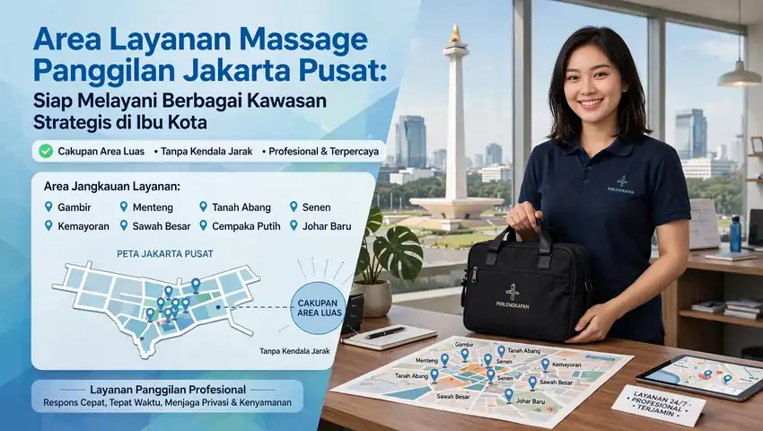 Peta area layanan massage panggilan Jakarta Pusat 8 kecamatan strategis