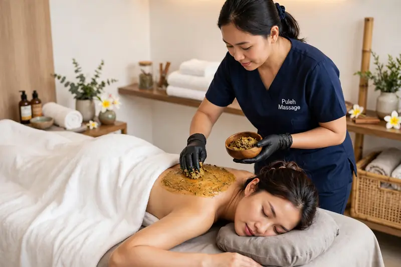 Boreh rempah hangat khas Balinese massage yang dioles di punggung sebelum pemijatan