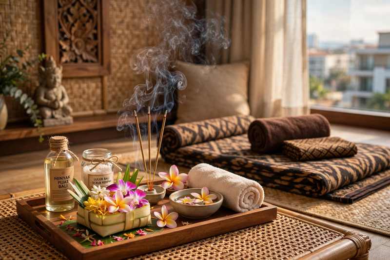Canang kecil dan dupa wangi sebagai ritual pembuka Balinese massage di PIK