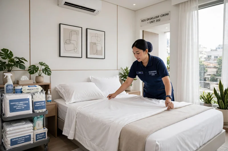 Proses penggantian bedcover disposable dan sarung bantal baru di kos eksklusif Cikini