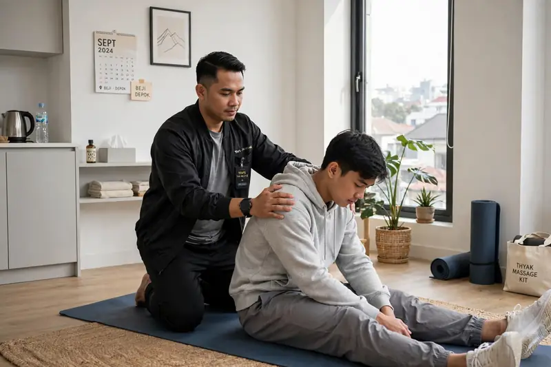 Thai massage di lantai apartemen studio Beji dengan gerakan peregangan punggung