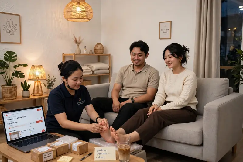 Pasangan suami istri di kontrakan Beji menikmati refleksi kaki setelah seharian jualan