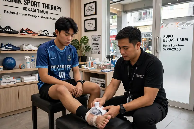 Anak ruko Bekasi Timur keseleo futsal, diterapi sport massage dengan kompres dingin
