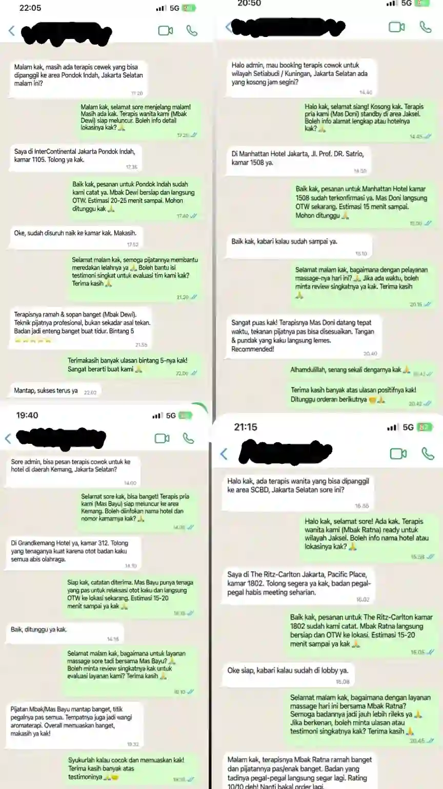 Testimoni pelanggan layanan massage panggilan Jakarta Selatan melalui WhatsApp setelah mendapatkan terapi di hotel dan apartemen