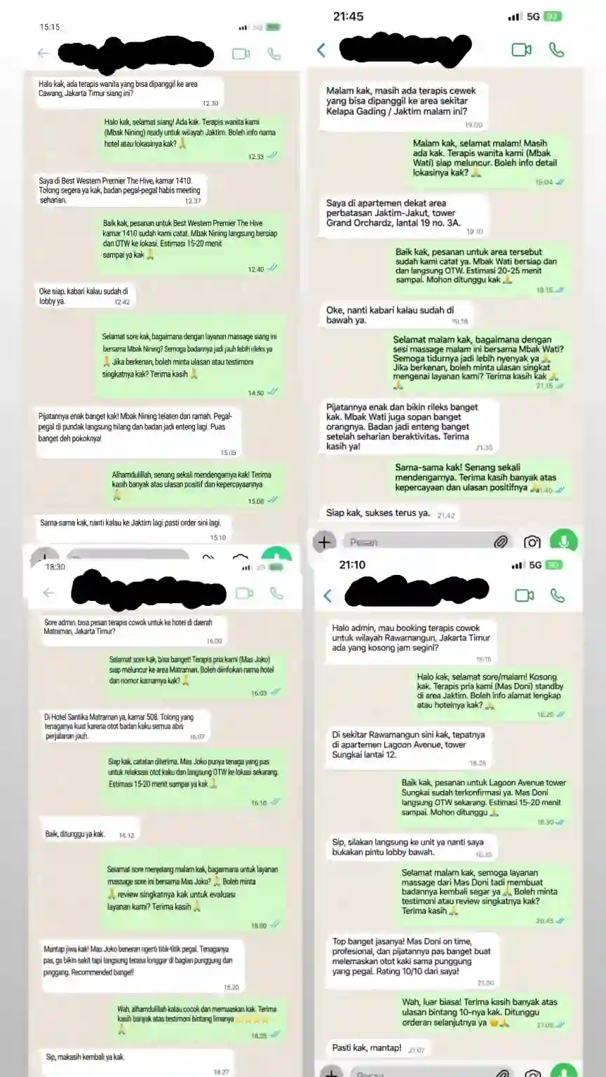 Screenshot percakapan dan testimoni pelanggan massage panggilan Jakarta Timur melalui WhatsApp.