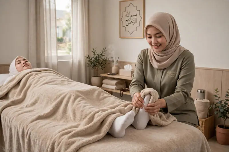 Sesi full body massage dengan terapis wanita berhijab untuk klien di perumahan syariah Cinere