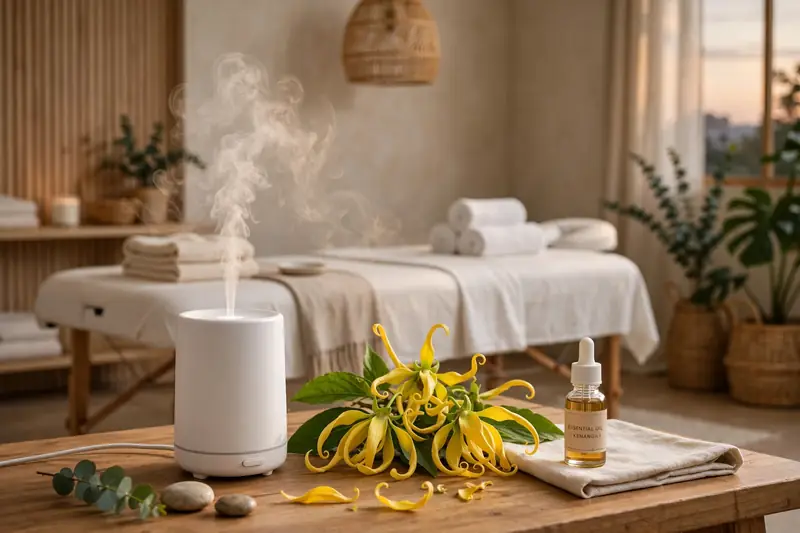 Aroma bunga kenanga dari oil diffuser di townhouse Ciputat saat sesi aromatherapy