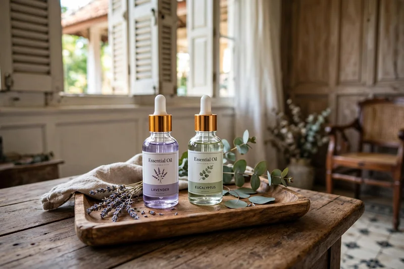 Dua botol essential oil lavender dan eucalyptus di atas nampan kayu di rumah heritage Menteng