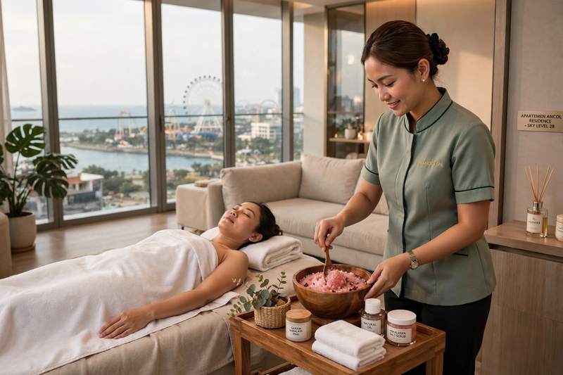 Scrub garam Himalaya untuk paket full body plus scrub di apartemen dekat Ancol
