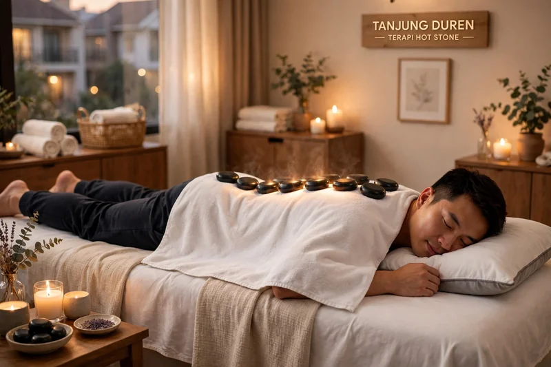 Terapi hot stone massage dengan batu basal hangat yang diletakkan di sepanjang punggung di Tanjung Duren