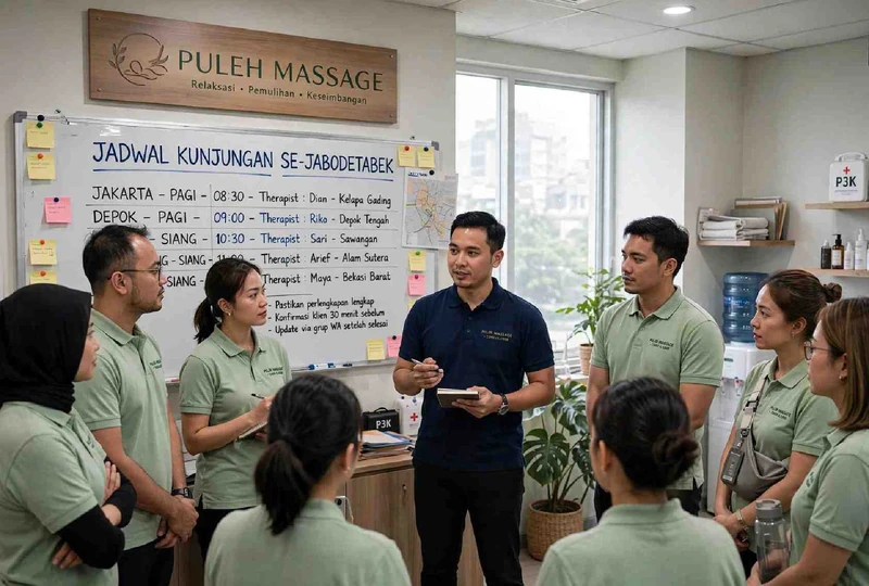 Briefing pagi tim terapis inti Puleh Massage sebelum pembagian jadwal kunjungan se-Jabodetabek