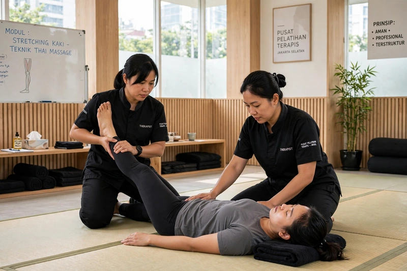 Simulasi Thai massage di matras dojo pusat pelatihan terapis di Jakarta Selatan