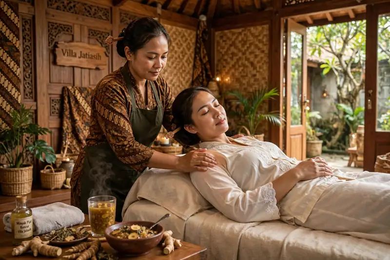 Pijatan tradisional Javanese dengan jamu beras kencur hangat di villa Jatiasih