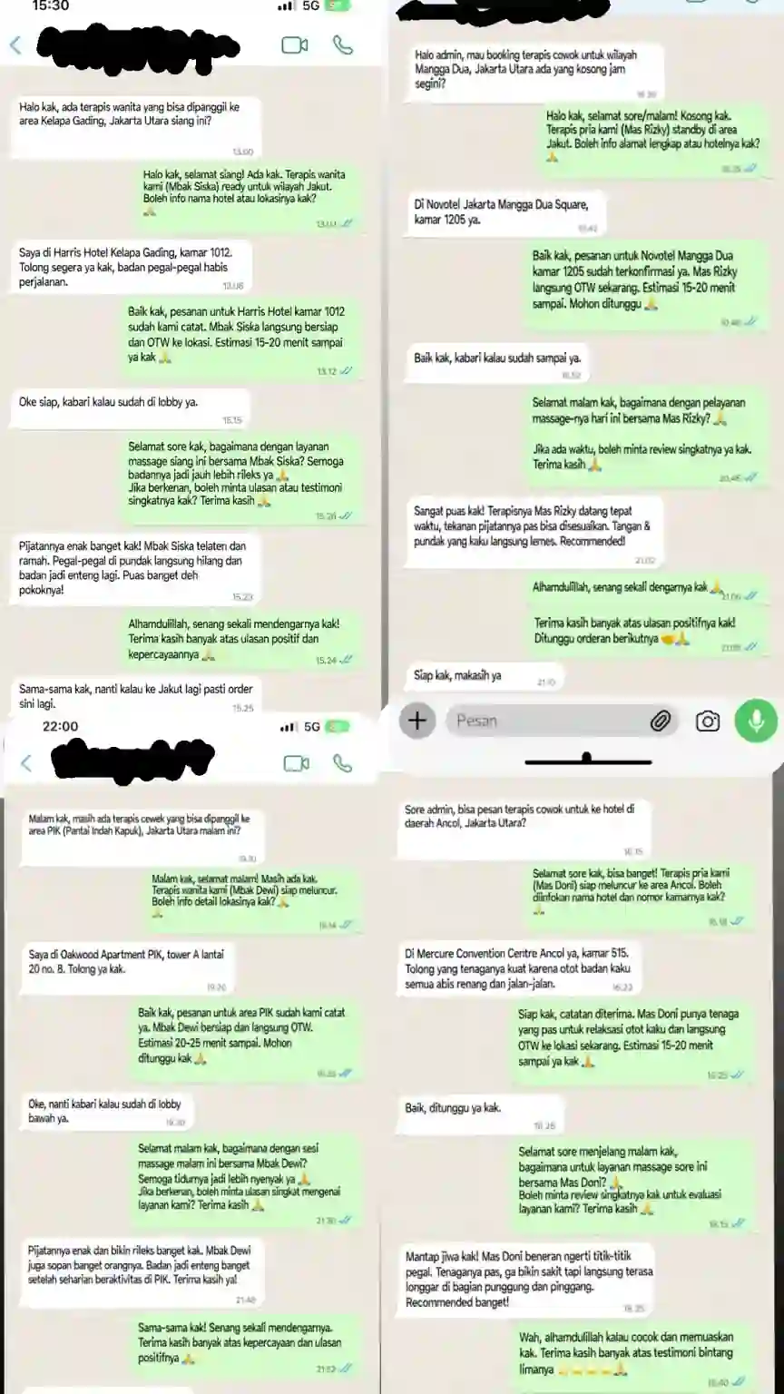 Percakapan WhatsApp pelanggan setelah menggunakan layanan massage panggilan Jakarta Utara.