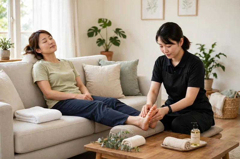 Klien menikmati paket full body massage dikombinasikan refleksi kaki sambil duduk santai di sofa rumah