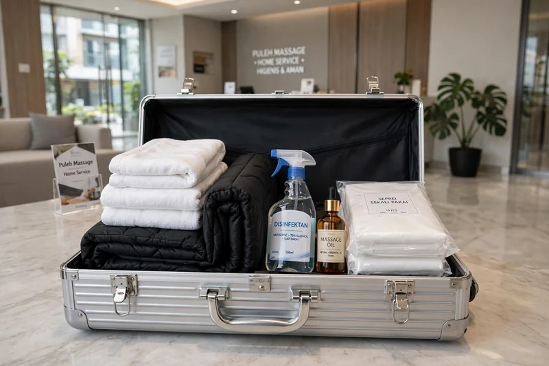 Koper aluminium berisi handuk fresh laundry, matras lipat, dan semprotan disinfektan yang selalu dibawa