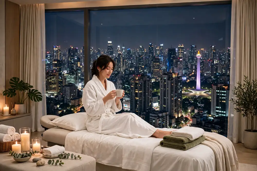 Layanan massage panggilan profesional di hotel Jakarta Pusat dengan view Monas malam hari - Puleh Massage & SPA