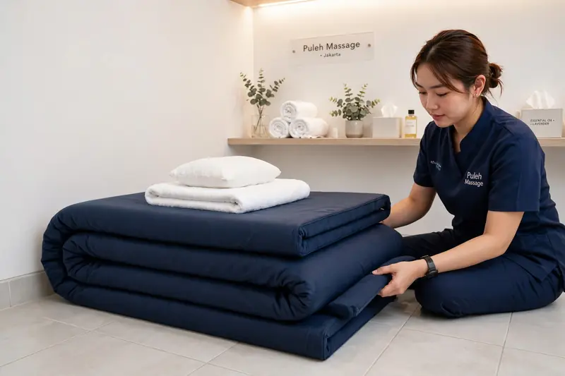 Matras lipat busa tebal 8cm yang tidak bikin sakit punggung saat treatment di lantai keramik