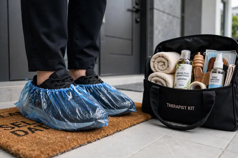 Kebiasaan terapis pakai shoe cover plastik agar lantai klien BSD tidak kotor
