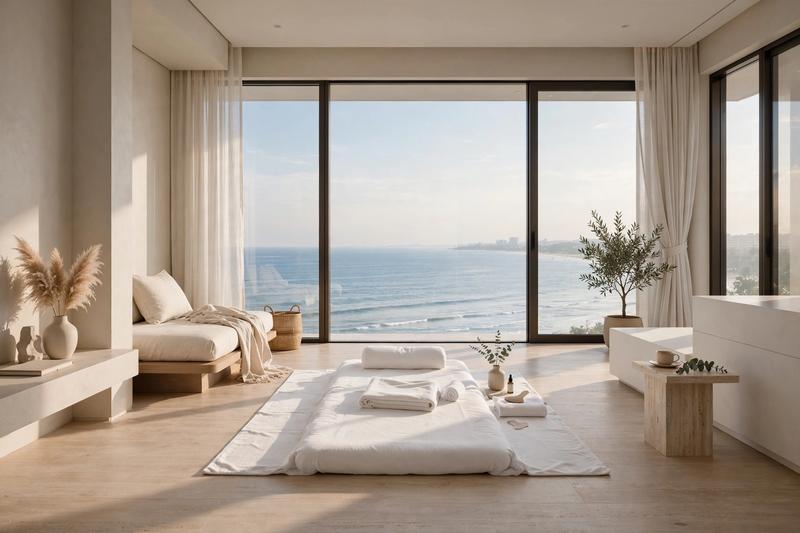 Treatment di apartemen PIK dengan view laut, matras digelar menghadap jendela