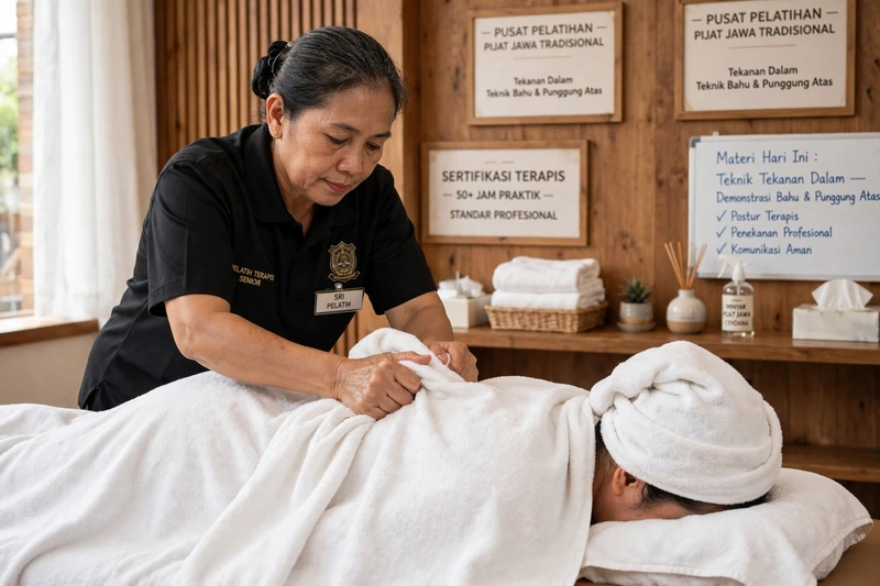 Terapis senior mendemonstrasikan urutan Traditional Javanese Massage dengan tekanan dalam