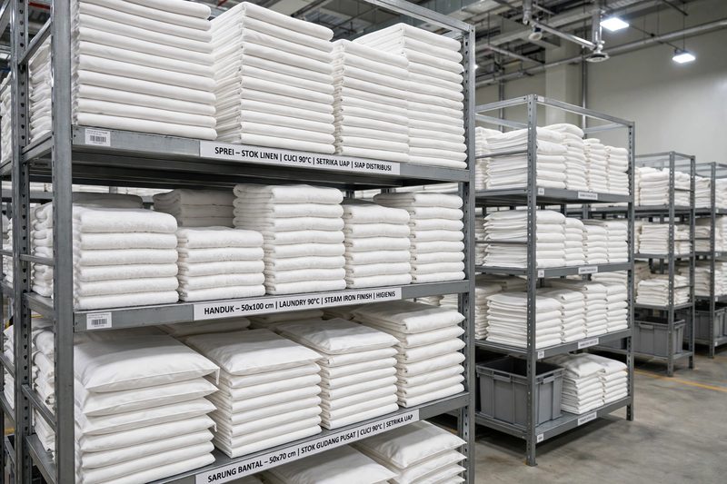 Lemari stok linen putih hasil laundry 90 derajat dan setrika uap di gudang pusat