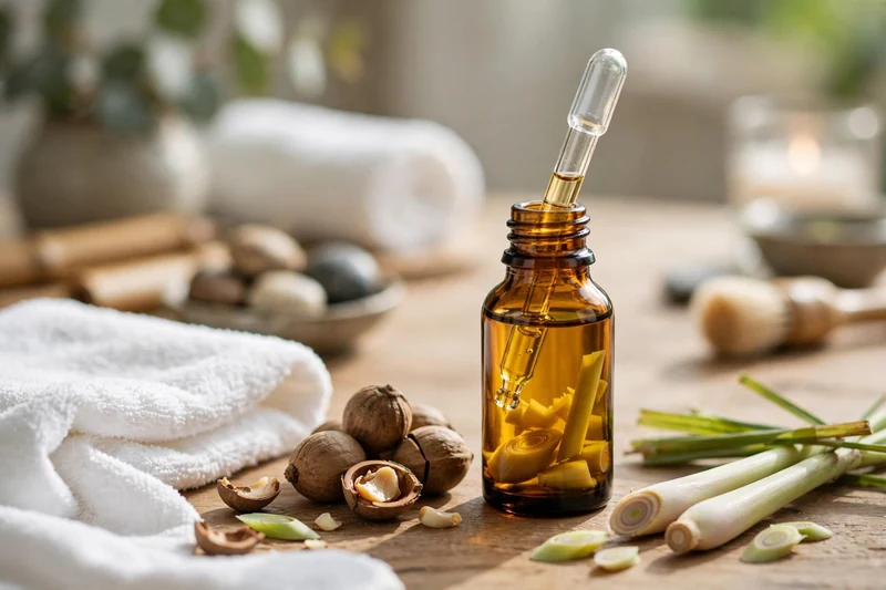 Botol kaca kecil berisi minyak kemiri hangat dan serai yang diracik pagi ini untuk sesi aromatherapy