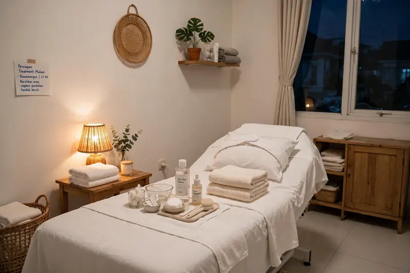 Persiapan treatment malam di rumah petakan Rawamangun dengan pencahayaan warm white