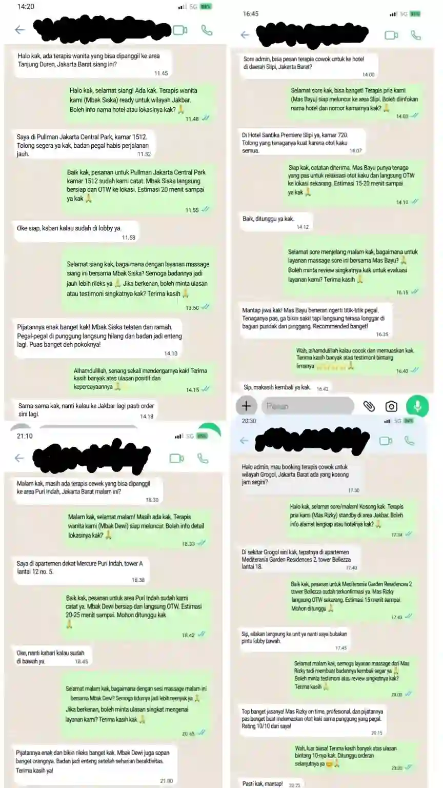 Testimoni pelanggan layanan massage panggilan Jakarta Barat melalui WhatsApp setelah mendapatkan terapi di hotel dan apartemen.