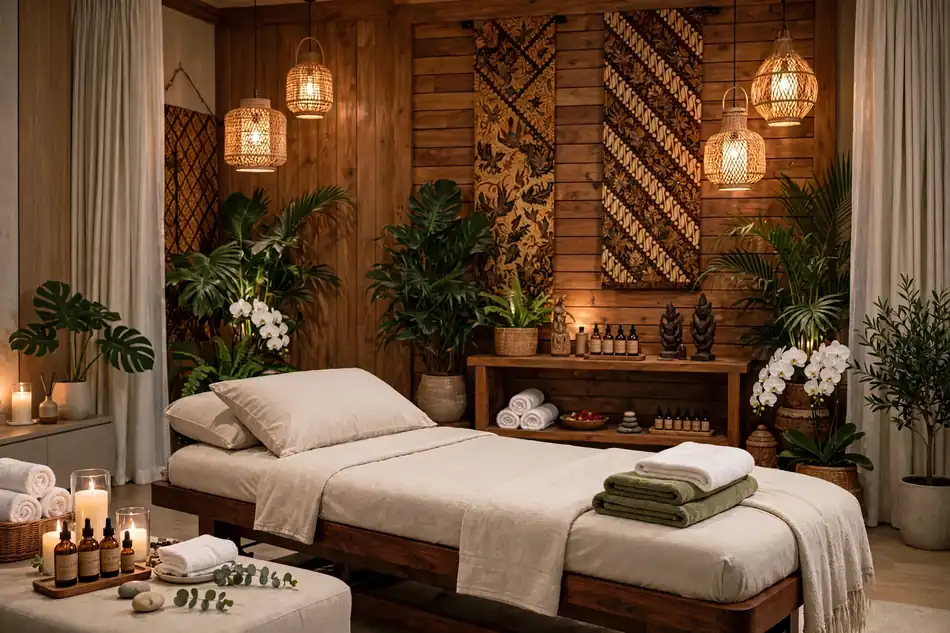 Ruang spa tradisional dengan massage bed kayu dan dekorasi batik - Layanan Puleh Massage & SPA panggilan 24 jam Jabodetabek
