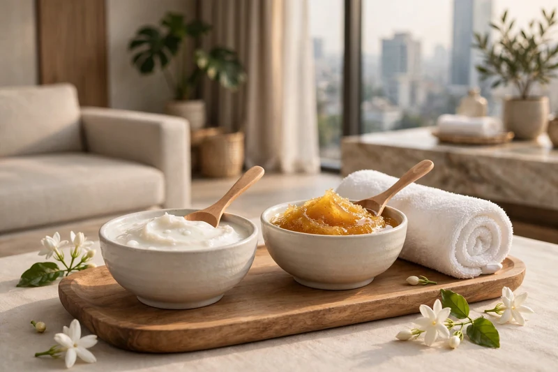 Mangkuk kecil lulur susu dan madu untuk paket full body plus scrub di apartemen Kuningan