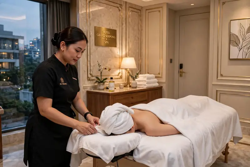 Pelayanan massage di kamar hotel bintang 5 Serpong dengan linen hotel tetap rapi