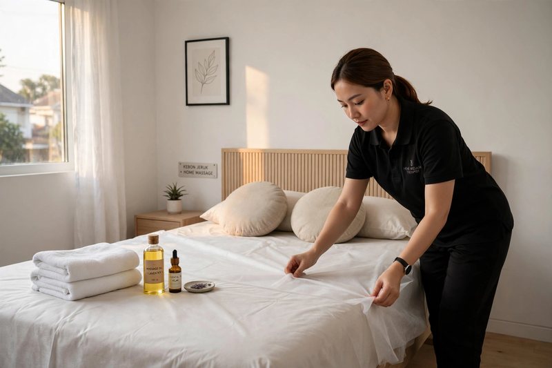 Penataan seprai sekali pakai dan bantal di kamar tidur minimalis kawasan Kebon Jeruk sebelum klien rebah