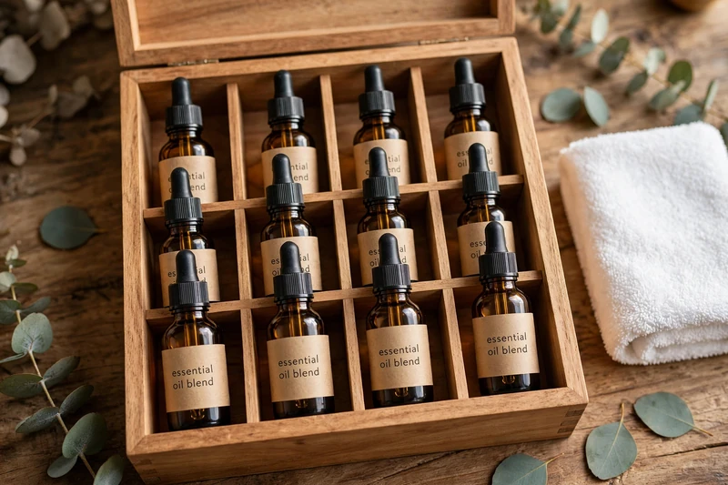 Kotak kayu berisi 12 botol aromatherapy blend racikan sendiri untuk paket Balinese dan Aromatherapy Massage