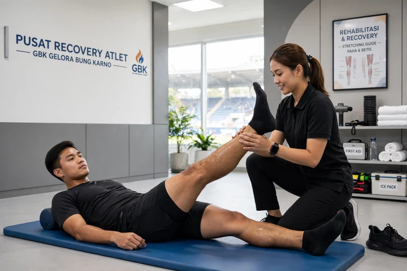 Gerakan sport massage fokus paha dan betis untuk pelari yang baru selesai latihan di GBK