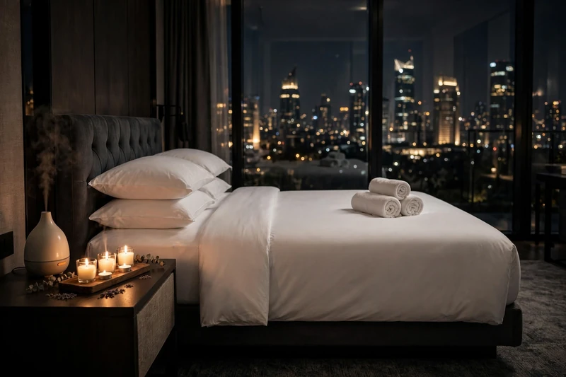Suasana kamar hotel diredupkan dengan lilin aromaterapi kecil saat sesi malam di Thamrin