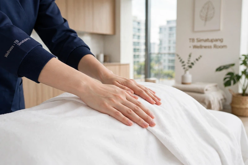 Gerakan effleurage lembut Swedish massage untuk relaksasi punggung di apartemen TB Simatupang