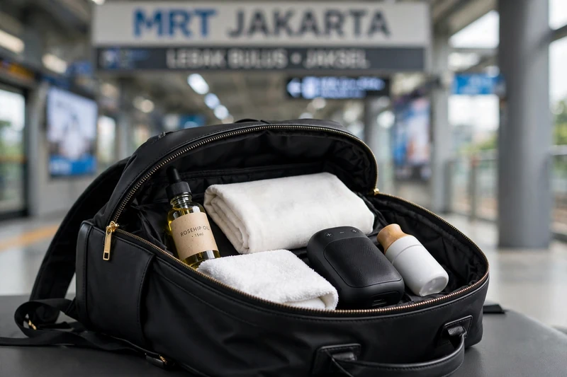 Tas ransel ringkas berisi oil, linen, dan speaker mini yang dibawa terapis saat naik MRT ke Jaksel