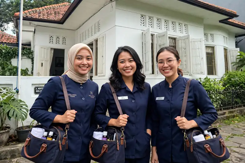 Potret tim terapis wanita profesional kami sebelum berangkat ke lokasi pelanggan Menteng