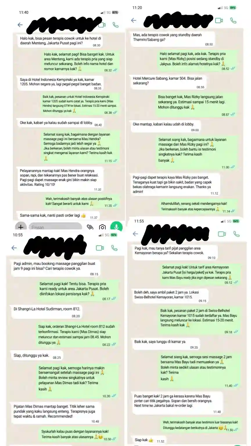 Screenshot testimoni pelanggan yang menggunakan layanan massage panggilan Jakarta Pusat.