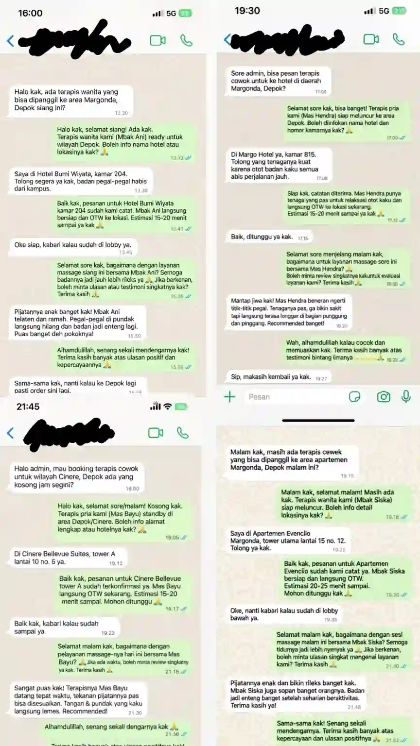 Chat WhatsApp testimoni pelanggan Puleh Massage Depok