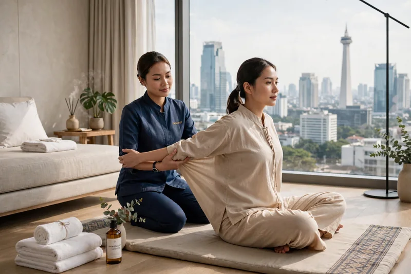Sesi Thai massage dengan assisted stretching di atas matras lantai untuk tamu hotel Thamrin yang kaku seharian meeting