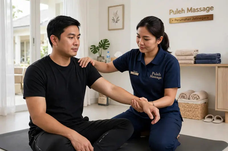 Gerakan peregangan tangan dan bahu ala Thai massage di perumahan Jatinegara