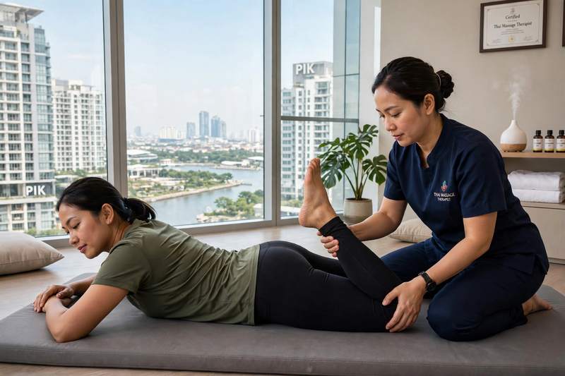 Pose stretch kaki dilipat ke belakang untuk membuka pinggul dalam sesi Thai di PIK