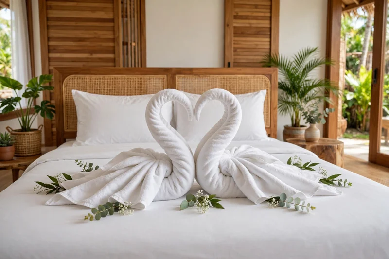 Handuk putih digulung towel art di atas tempat tidur villa Kemang sebelum sesi dimulai